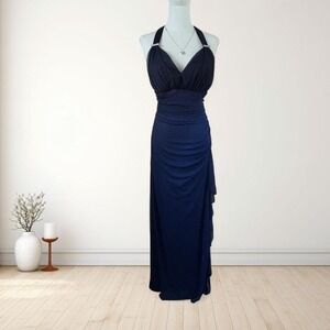 y2k ombré navy blue sparkly halter maxi dress ✧ betsy & adam formal gown